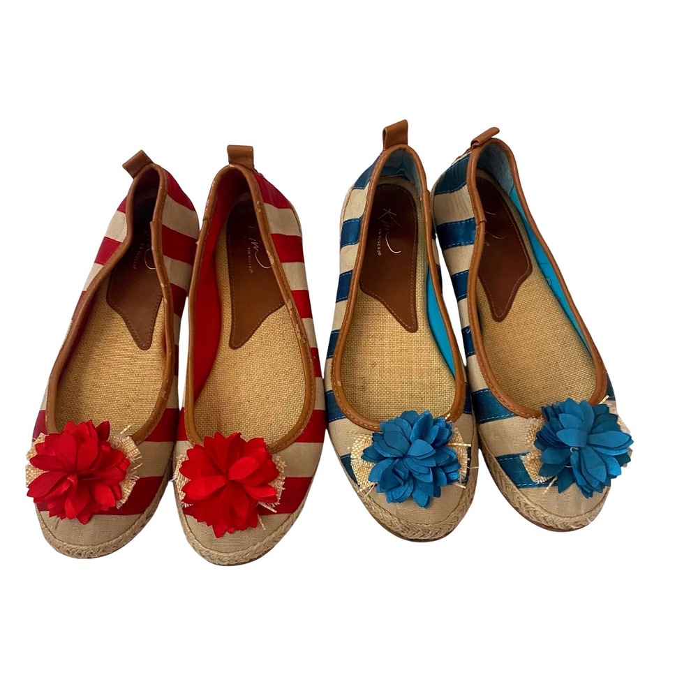 Lot of 2 Kim Rogers Striped Espadrille Flats Red Blue Nautical Flower Accents8